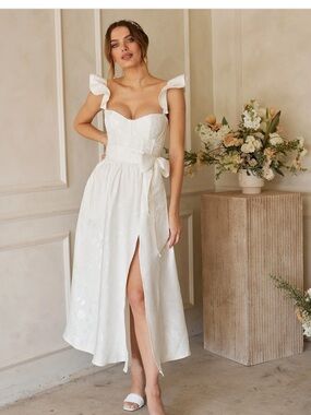 V. CHAPMAN VERA SATIN RUFFLED-SLEEVE BUSTIER MIDI DRESS